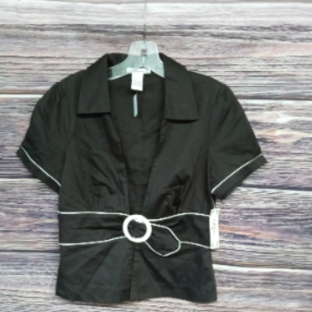 6 Degrees Brown Short Sleeve Open Chest Peplum Blazer Blouse L